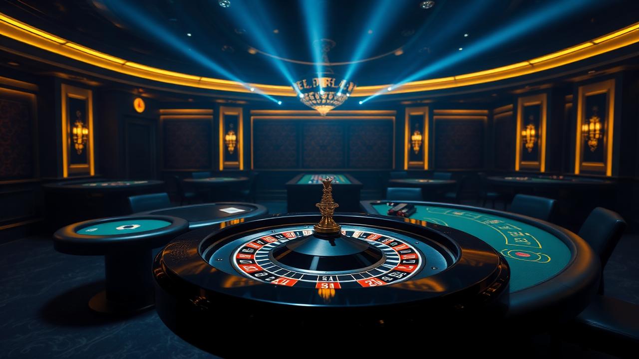 Live casino studio met roulettetafel en gedimd blauw licht